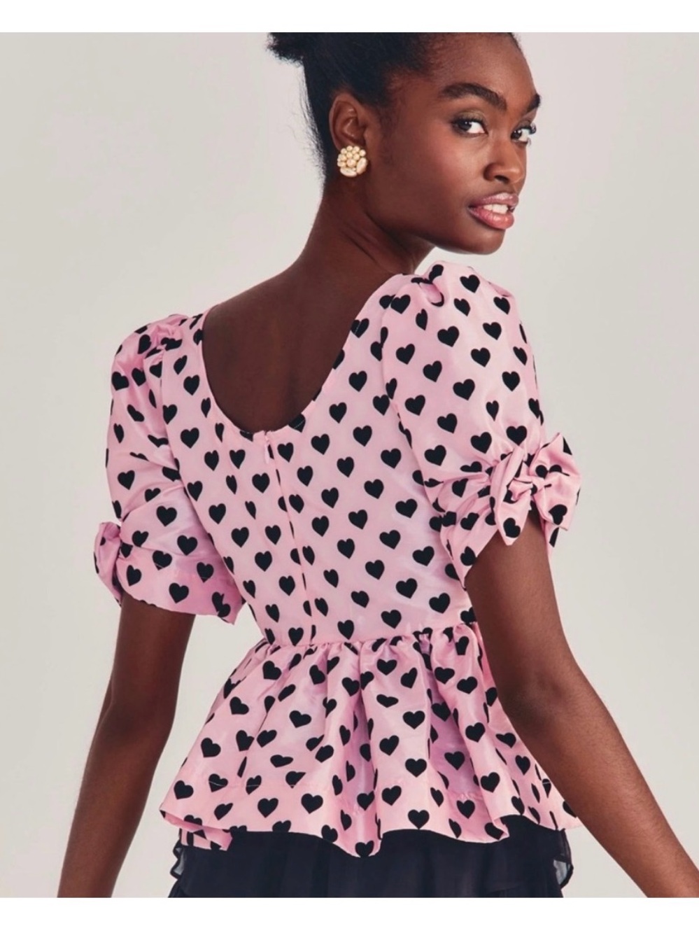 LoveShackFancy Keily Top Pink Black Heart Print Peplum Puff Sleeve Blouse Sz 6 - Picture 8 of 9